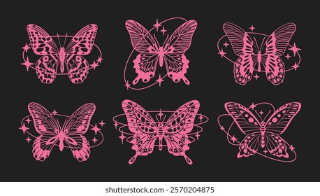 Butterflies y2k symbols. Butterfly pink silhouettes, abstract y2k aesthetic insects with sparkle stars and oval shapes flat vector illustration set. Butterflies icons