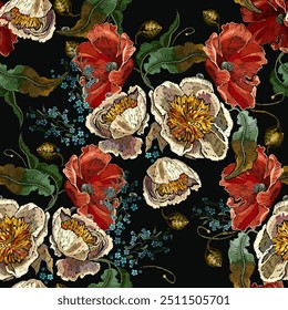 Butterflies, yellow peonies flowers, red poppies and blue meadow herbs. Summer garden seamless pattern. Fashion floral template for clothes, t-shirt design. Embroidery art style