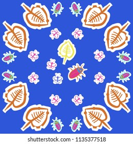Butterflies,beetles, leaves, doodles,dotted lines, labels pattern. Hand drawn.