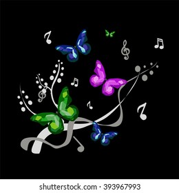 Butterflies,grass and notes on the black background