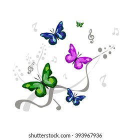 Butterflies,grass and notes on the white background