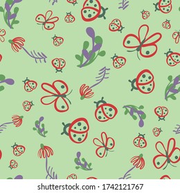 Mariposas, ladybugs y flores sin fisuras en el patrón vectorial. Diseño de impresión de superficie con temática de pradera. Para textiles, papelería y embalaje.