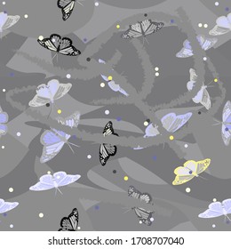 butterflies.many different moths are flying around. grey background.template.vector.