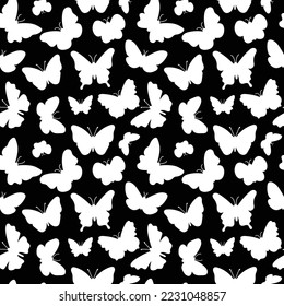 Butterfliy silhouettes pattern. Black and white print. Seamless background with butterflies flying insects. Vector repeat illustration for summer and romantic designs, textile, fabric, wrapping paper
