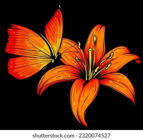 butterflly and flower on black background vector illustration design art