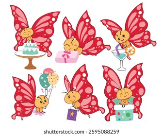 Butterfly 2d icon clipart drawing set. Red cute butterflies cartoon character clip art in happy, funny with cake, gift, drinks and balloons decoration elements collection sketch outline pattern vector