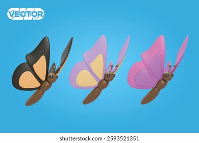 butterfly 3D vector icon set, on light blue background. realistic illustration