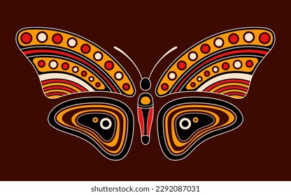 Mariposa. Estilo de arte aborigen. Ilustración de color vectorial aislada en fondo marrón.