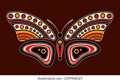 Mariposa. Estilo de arte aborigen. Ilustración de color vectorial aislada en fondo marrón.