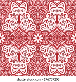 Butterfly abstract decoration. Ornamental lace pattern, fabric with flowers, design element, hand drawn sketch doily, ornate detailed background, white on red