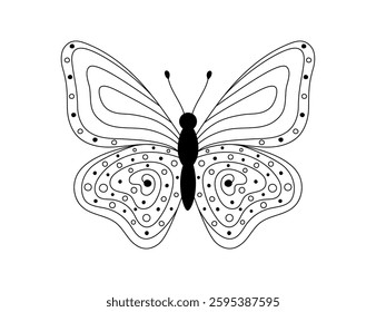 Butterfly with abstract doodle ornament on wings. Whimsical insect isolated vector illustration. Creative black outline butterfly with hand drawn elements on white background.
