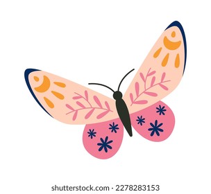 Butterfly with abstract floral pattern flat icon. Vector illustration