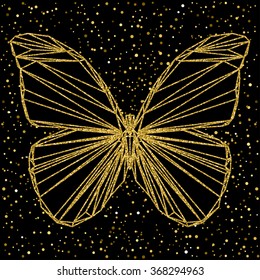 Butterfly. Abstract butterfly. Golden butterfly. Sparkle butterfly. Glitter texture. butterfly portrait drawn in one continuous line. butterfly for card, invitation, book, banner, placard. Butterfly