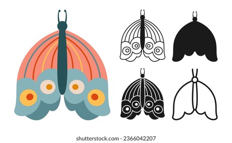 Butterfly abstract retro set. Mystical bohemian moth symbol insect wings with ornament. Colored, silhouette or symbol, doodle tattoo, line ornate celestial moth. Vintage decoration ornate kids vector