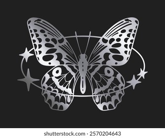 Butterfly abstract symbol. Butterfly y2k aesthetic insects with sparkle stars and oval shapes flat vector illustration. Butterfly silhouette