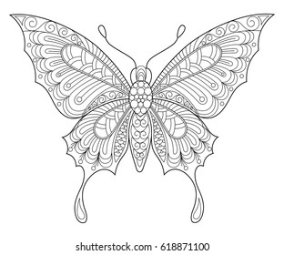 Butterfly. Adult antistress coloring page. Black and white hand drawn doodle for coloring book