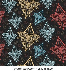 Mariposa y avión. Patrón sin problemas. Embalaje de papel antiguo, estilo de scrapbooking. Fondo vintage. Manuscrito medieval, arte grabado, símbolo de turismo, viaje, sueño, vacaciones, libertad, vuelo
