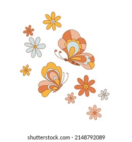Butterfly among flower Retro 70s 60s Groovy Hippie Flower Power vibes vector illustration isolated on white. Boho Summer retro colours butterflies print for T-shirt.