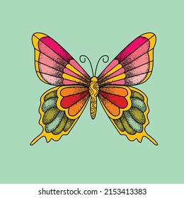 Butterfly Among Flower Retro 70s 60s Groovy Hippie Flower Power Vibes Vector Illustration Isolated On White. Boho Summer Retro Colours Butterflies Print For T-shirt.