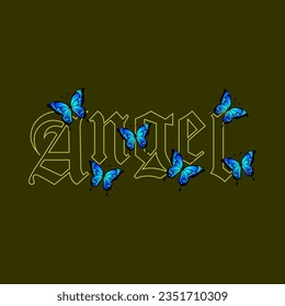 butterfly with angel typography slogan for t shirt printing, tee graphic design.  