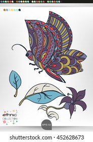 Butterfly. Animal patterns with hand-drawn doodle waves and lines. Vector illustration in bright colors.