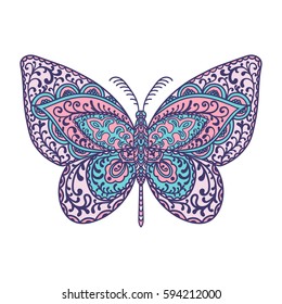 Butterfly. Animals. Hand drawn doodle insect. Ethnic patterned vector illustration. African, indian, totem, tribal, zentangle design. Sketch for adult coloring page, tattoo, posters, print or t-shirt.