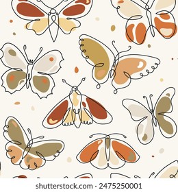 Butterfly art in continuous line with colorful organic shapes seamless pattern vector illustration. Moth insect forms in trendy outline minimal simple style. Isolated on white background.