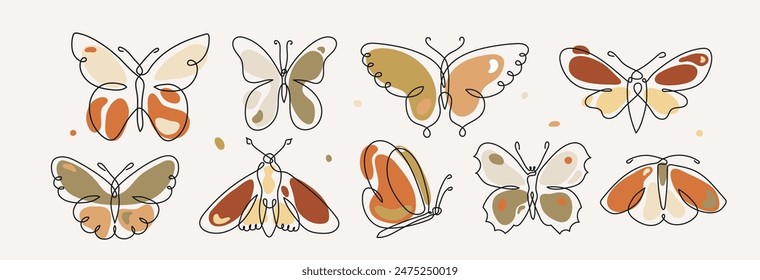 Butterfly art in continuous line with colorful organic shapes, vector illustration set. Moth insect forms in trendy outline minimal simple style. Isolated on white background.