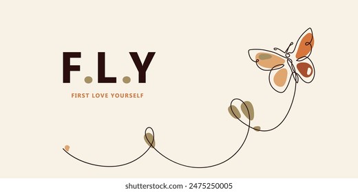 Butterfly art in continuous line horizontal banner with colorful organic shapes, vector illustration. Moth insect forms in trendy outline minimal simple style. Isolated on light background.