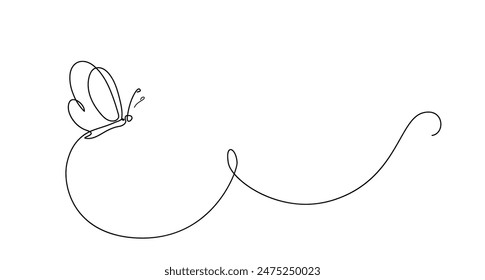 Butterfly art in continuous line horizontal banner vector illustration. Moth insect form in trendy outline minimal simple style. Isolated on light background.