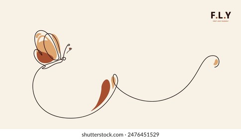 Butterfly art in continuous line horizontal banner with colorful organic shapes, vector illustration. Moth insect forms in trendy outline minimal simple style. Isolated on light background.