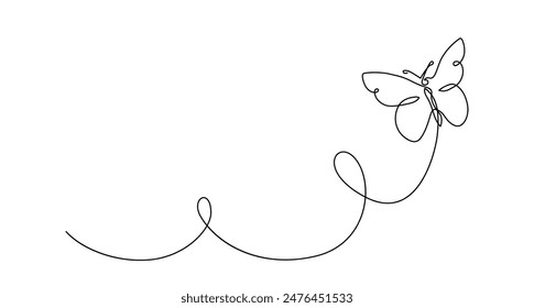 Butterfly art in continuous line horizontal banner vector illustration. Moth insect form in trendy outline minimal simple style. Isolated on light background.