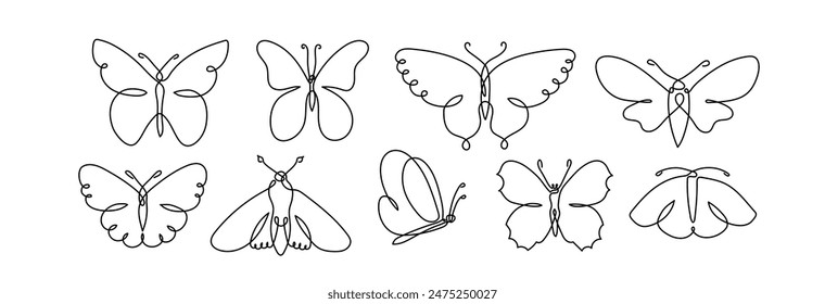Arte de mariposa en conjunto de Ilustración vectorial de línea continua. Las formas de insecto de polilla en el estilo simple minimalista del contorno de moda. Aislado sobre fondo blanco.