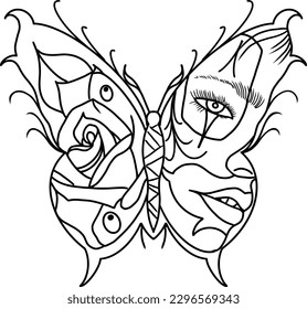 Butterfly art Skull design decorative, Cute women face, butterflies tattoo art vector