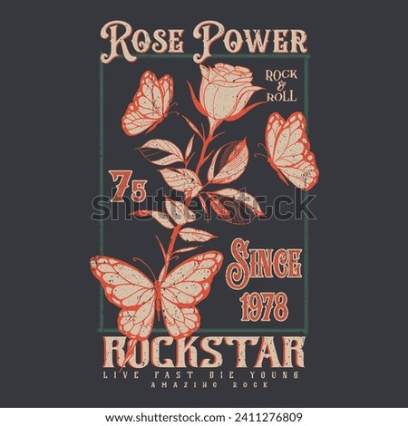 Butterfly artwork Flower rock and roll poster design. Rose Power, Wild at Heart vector print design for t-shirt print, poster, sticker, background, and other uses. fashion drawing for Vector t-shirts.