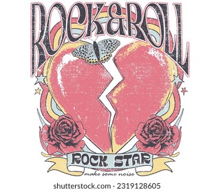 Butterfly artwork. Heart rock music logo. Rock and roll tour t shirt print design. Rose flower graphic illustration. Music poster. Rockstar vector artwork. 