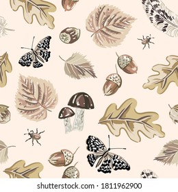 Butterfly, autumn leaves, nuts, mushrooms, light background. Forest nature. Seamless pattern. Vector  illustration. Woodland plants. Fall print