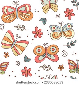 Huella para bebés de mariposa. Patrón de mariposa retro. Fondo transparente de corte manual para el diseño textil, de tela, de papel, de papel pintado y de productos, ilustración vectorial