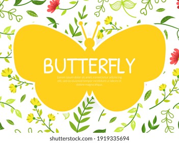 Butterfly Banner Template with Floral Pattern and Winged Gorgeous Creatures Silhouette, Congratulation, Invitation, Cover, Card, Poster Design Cartoon Vector Illustration