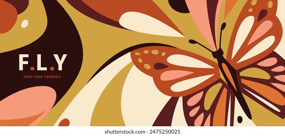 Ilustración vectorial de Anuncio de mariposa. Fondo de verano de color Horizontal con el insecto volador, Formas orgánicas onduladas simples y amor propio cita en el lado izquierdo.