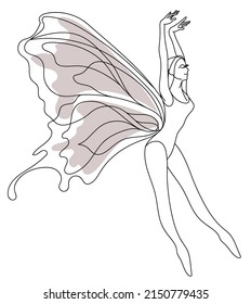 Butterfly beautiful dancing girl illustration, pose sketch line art fairy