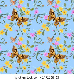 Butterfly and beautiful flowers seamless pattern.