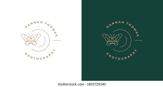 Butterfly with beautiful wings logo template linear vector illustration. Emblem design for cosmetic logotype or feminine brand line art style.
