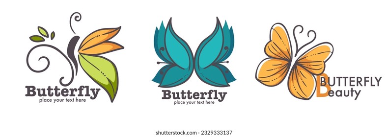 Butterfly beauty, isolated icons of colorful insects with copy space and placeholder. Wings and antennae, nature and wilderness. Logotype or emblem, logo or promotional banner. Vector in flat style