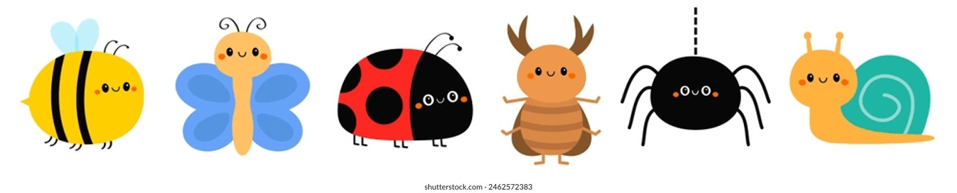 Schmetterling, Bienen Hummel, Marienkäfer Marienkäfer, Käfer, Schnecke Cochlea, Spinnen-Web. Fliegende Insekten-Icon-Set-Linie. Nette Cartoon Kawaii lustige Figur. Valentinstag. Flaches Design. Weißer Hintergrund. Vektorgrafik