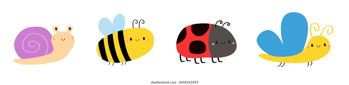 Schmetterling, Bienen Hummel, Schnecke Cochlea, Lady Bug Marienkäfer fliegende Insekten Icon Set Linie. Nette Cartoon Kawaii lustige Baby-Figur. Marienkäfer. Einen schönen Valentinstag. Flaches Design. Weißer Hintergrund. Vektorgrafik