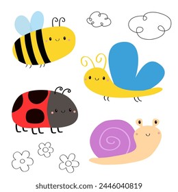 Schmetterling, Bienen Hummel, Schnecke Cochlea, Lady Bug Marienkäfer fliegende Insekten-Ikone-Set. Nette Cartoon Kawaii lustige Baby-Figur. Marienkäfer. Wolke, Gänseblümchen-Blume. Flaches Design Weiße Hintergrund-Vektorgrafik