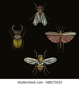 Butterfly, bee, fly, beetle embroidery. Insect embroidery. Vector vintage decorative element for embroidery, patches and stickers