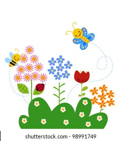 butterfly and bee flying over flowers