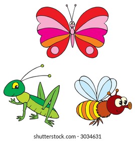 Butterfly, bee and grasshopper